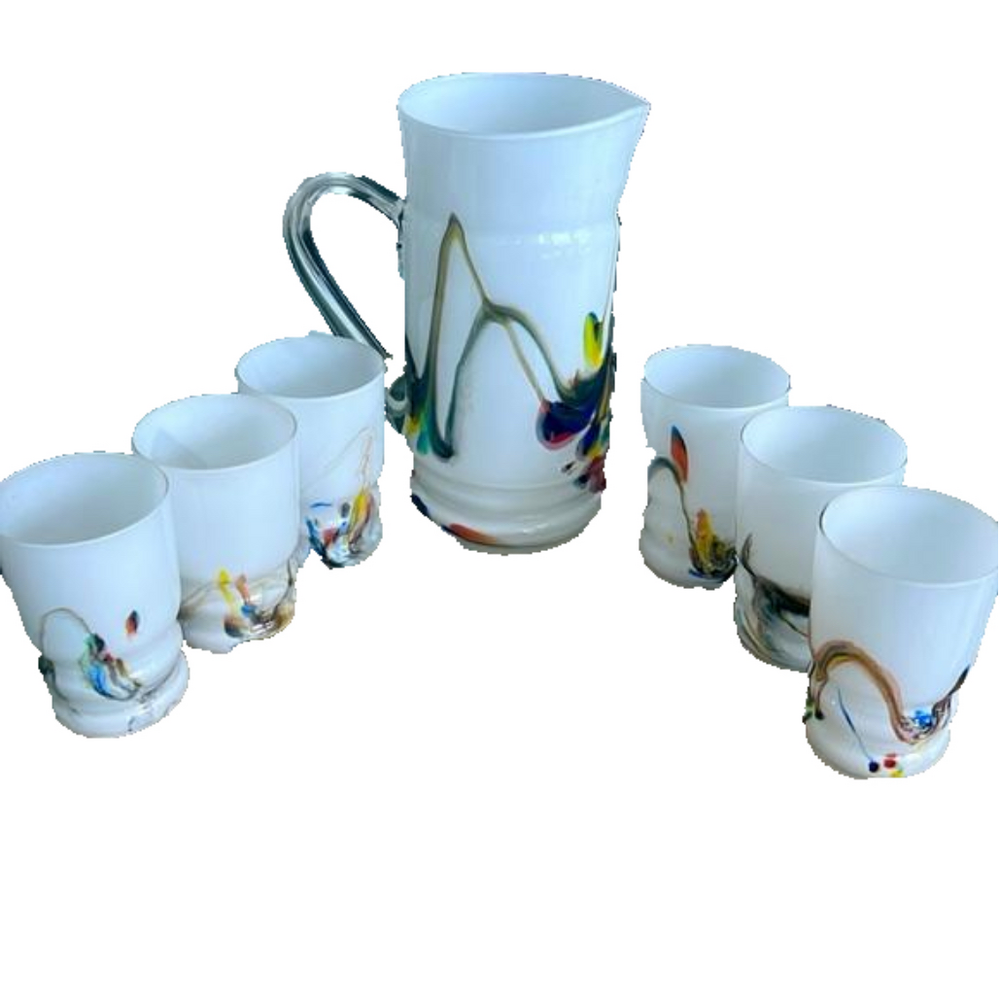 Vintage Marble Multicolor Blown Glass Pitcher and Six Matching Glasses
